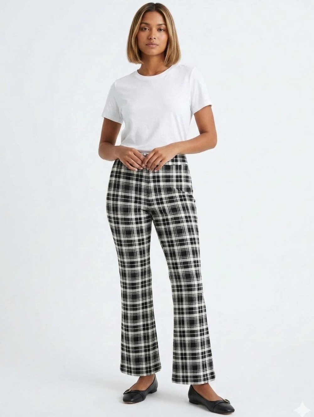 Iman Black & White Plaid Women's Flare Pants Medium Tall (MT)